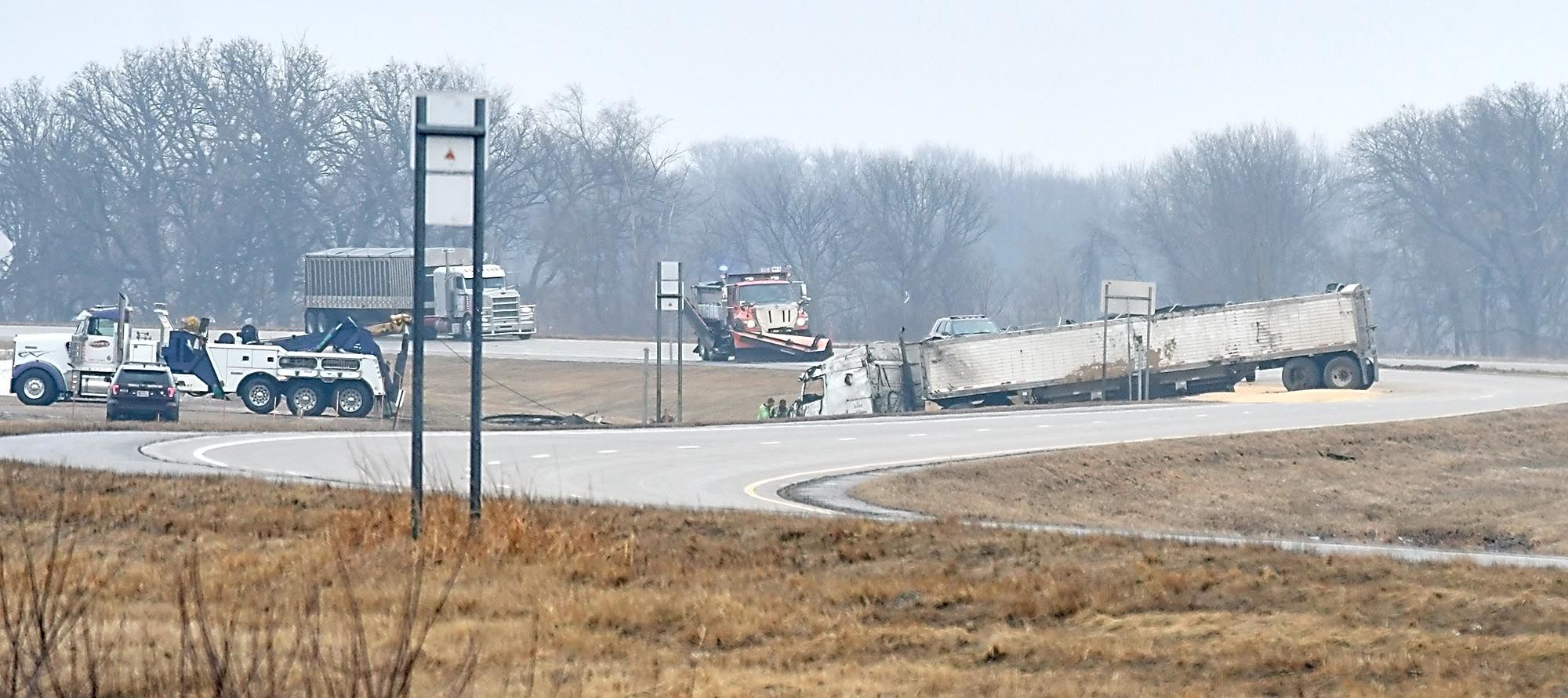 Semi rolls over on Highway 14